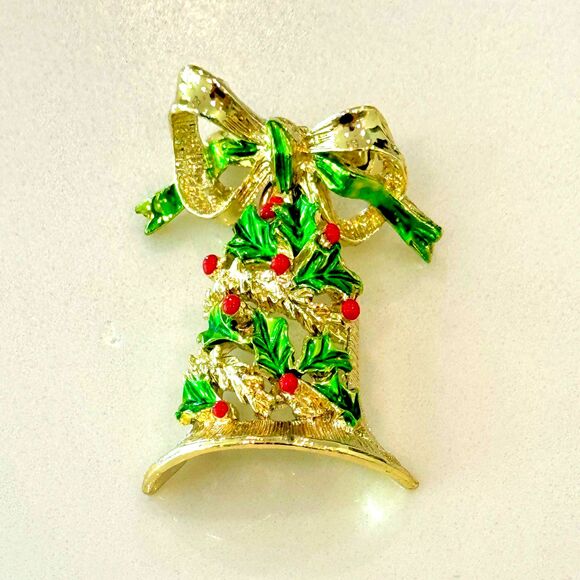 Vintage Gerry's Holiday Christmas Enamel Bell Pin Brooch w Bow 2" Long - Picture 4 of 12